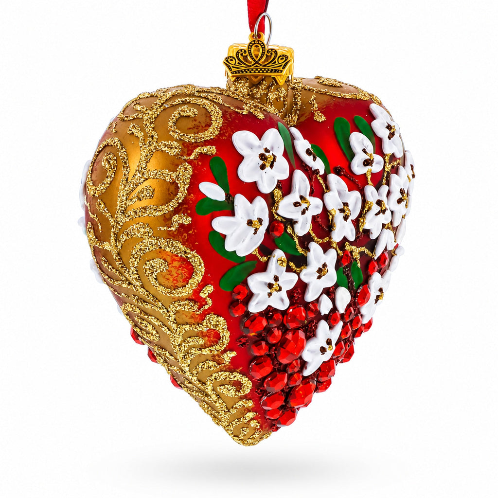 Embellished Ruby Floral Heart Glass Ornament