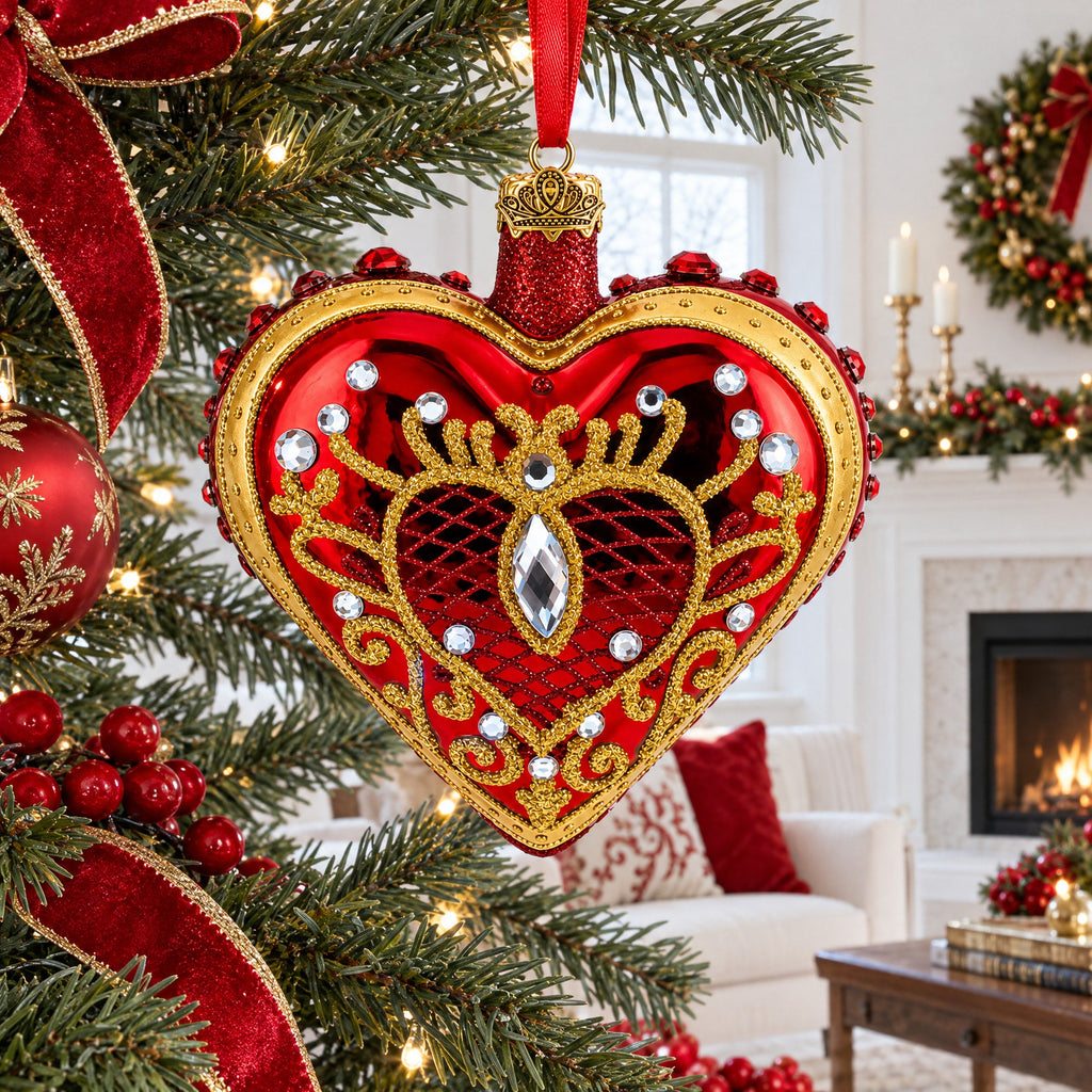 Regal Red Jeweled Glass Heart Ornament