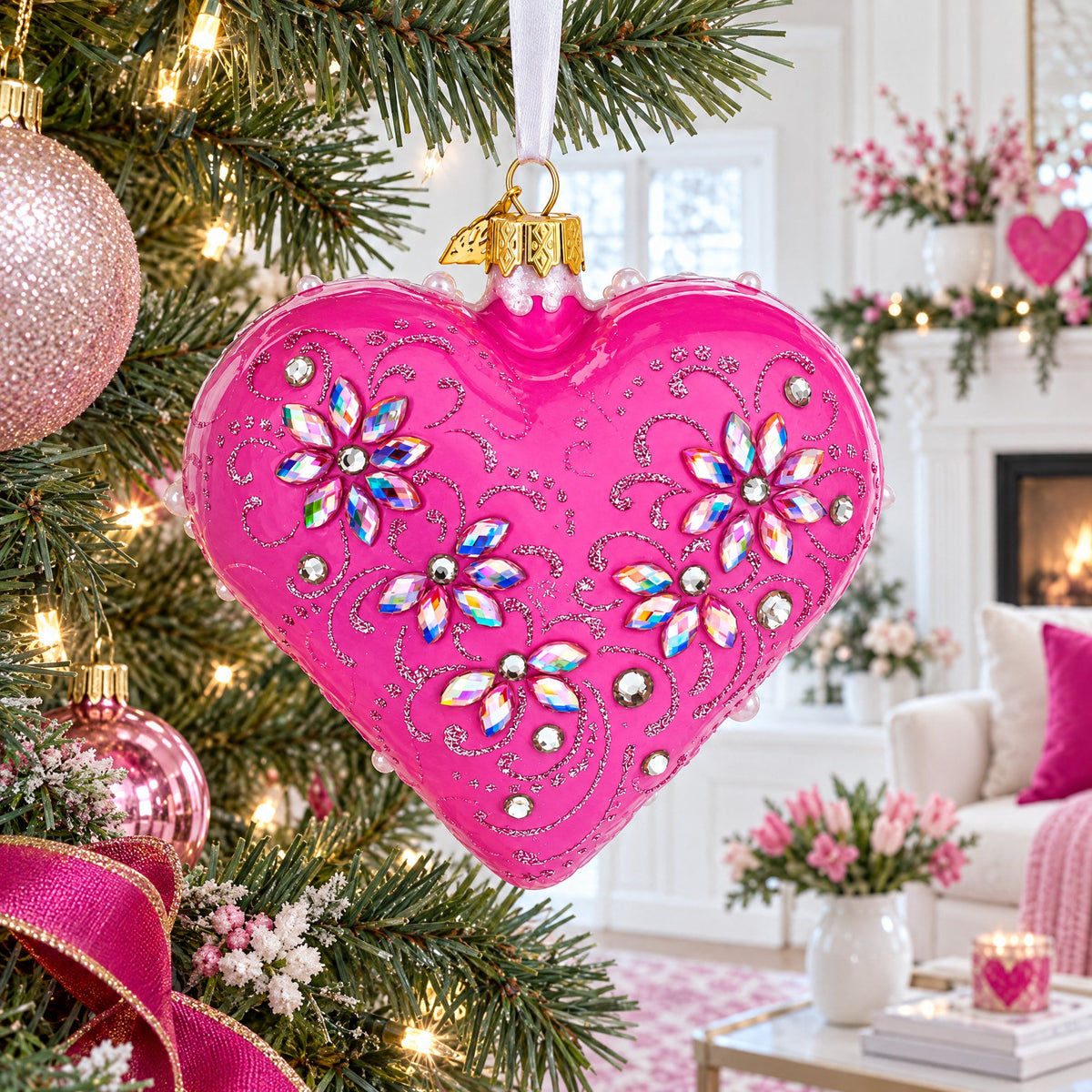 Pink Jeweled Blossom Glass Heart Ornament