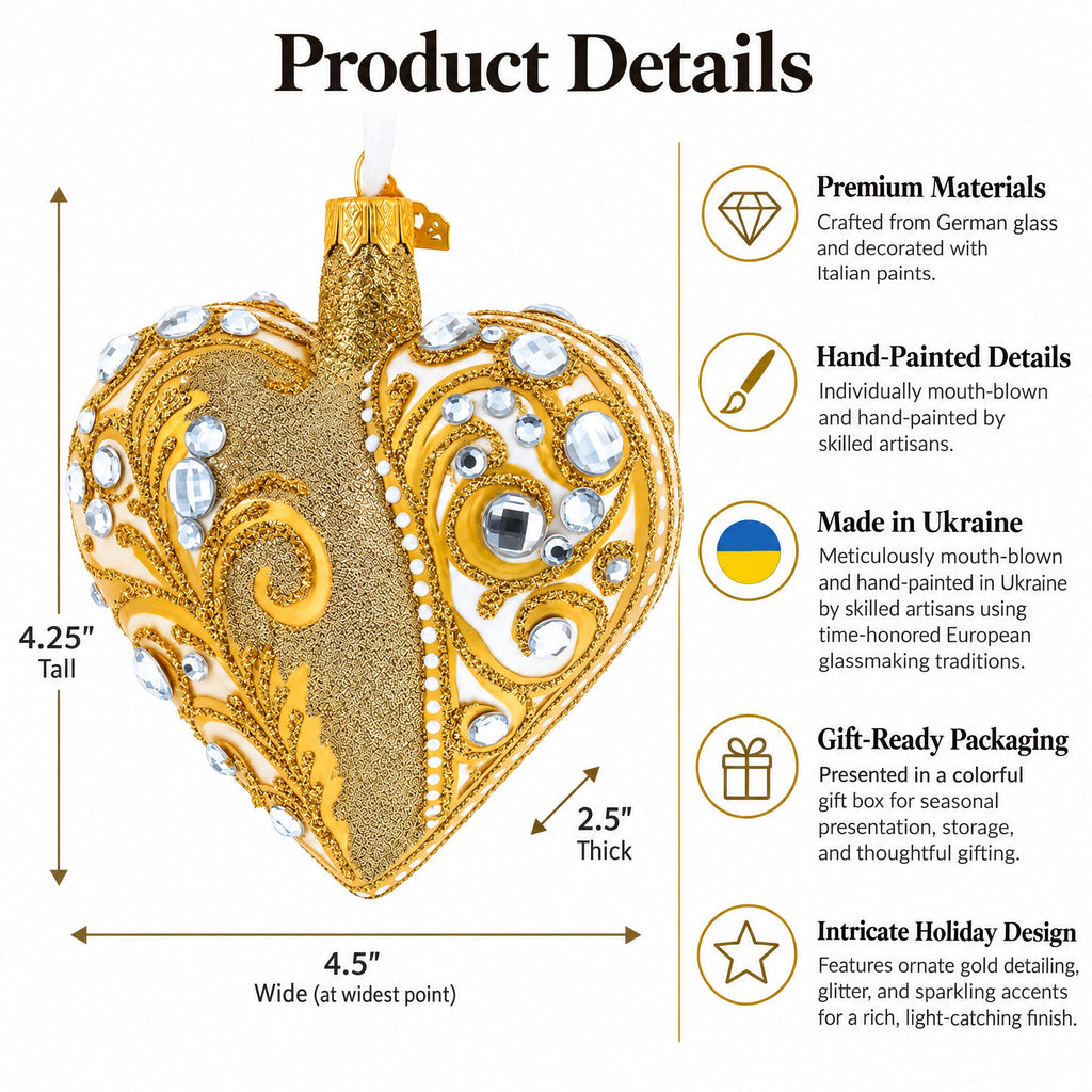 Gold Jeweled Baroque Heart Glass Christmas Ornament