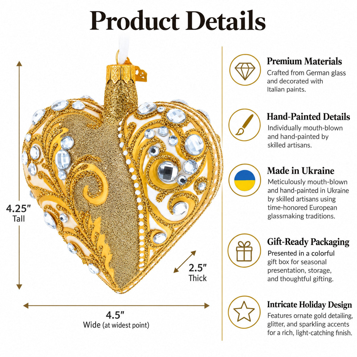 Gold Jeweled Baroque Heart Glass Christmas Ornament