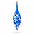 White Petal Blossoms Metallic Blue Elongated Pointed Teardrop Finial Glass Christmas Ornament