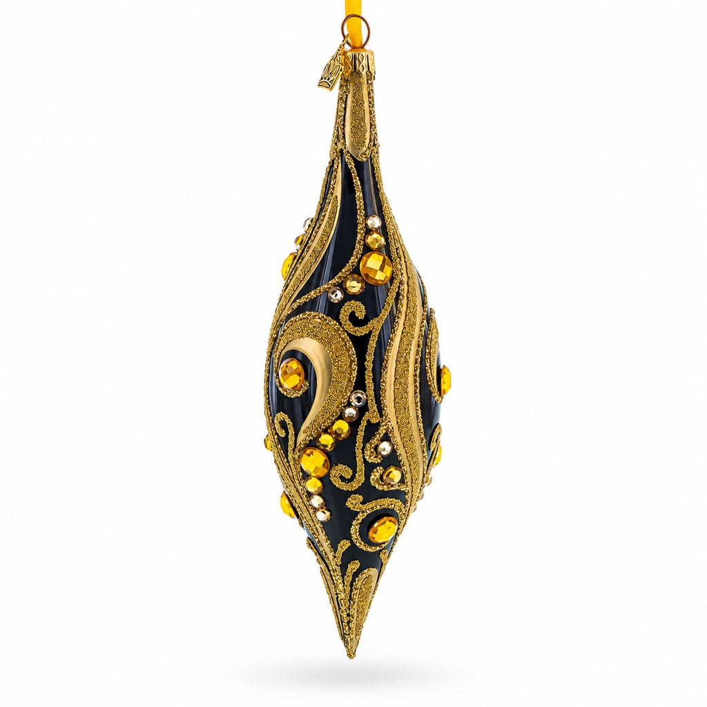 Black & Gold Jeweled Swirl Elongated Pointed Teardrop Finial Glass Christmas Ornament
