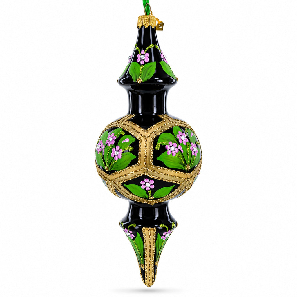 Black & Gold Floral Medallion Double-Ended Finial Drop Glass Christmas Ornament