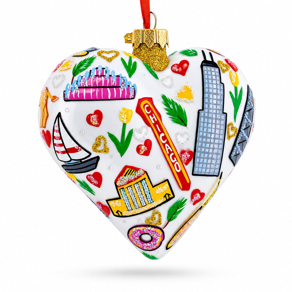 Chicago Landmarks & Symbols Glass Heart Christmas Ornament