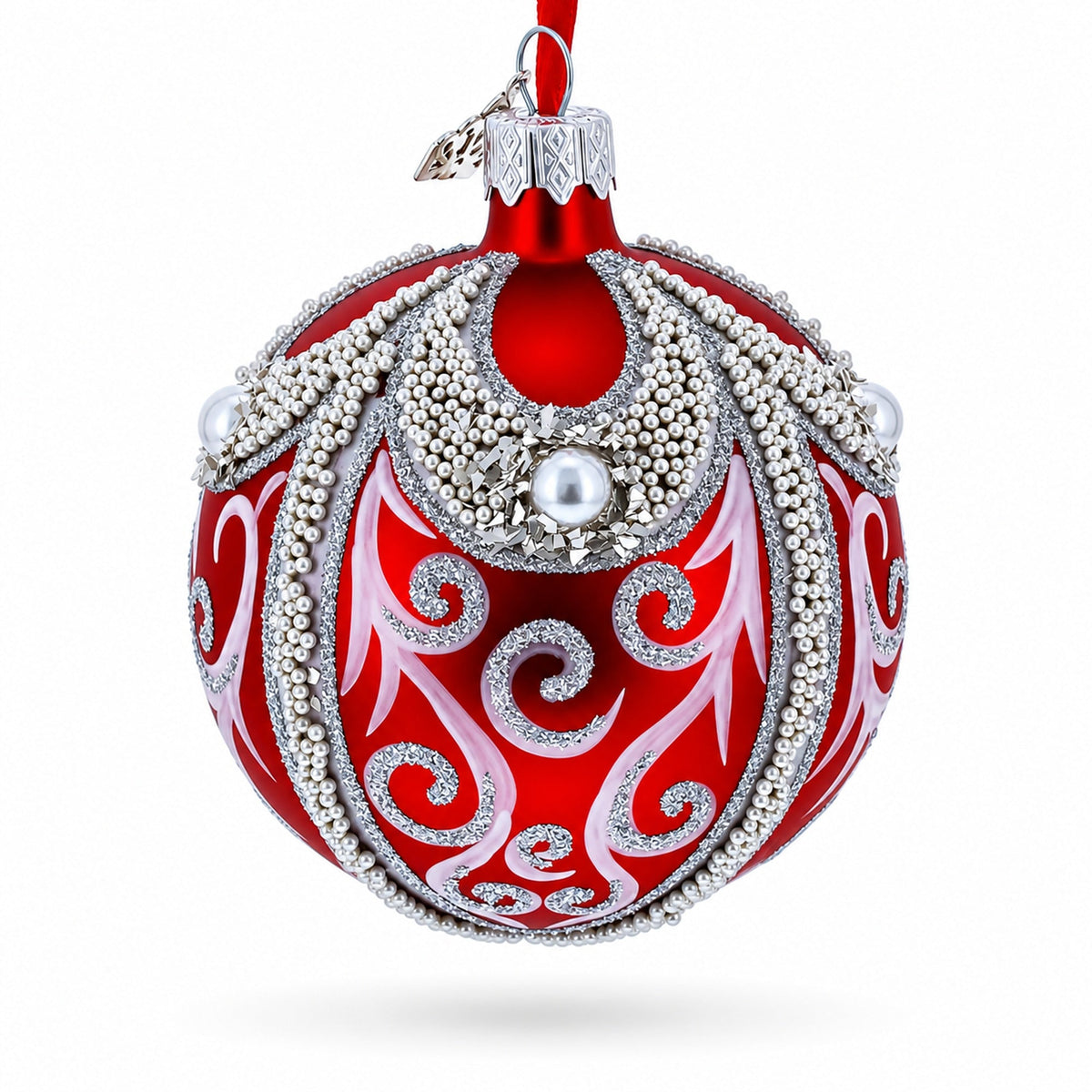Retro Style Red and Gold Reflector with Glitter, Gems & Indent Center Glass Christmas Ornament