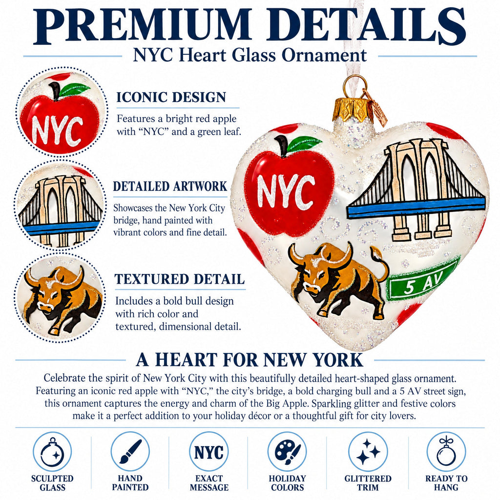 New York Landmarks & Symbols Glass Heart Christmas Ornament