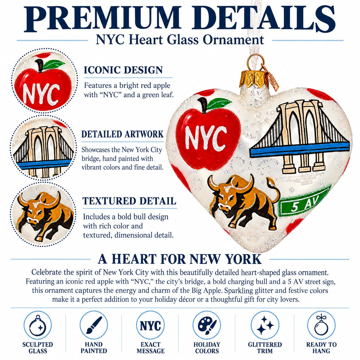 New York Landmarks & Symbols Glass Heart Christmas Ornament