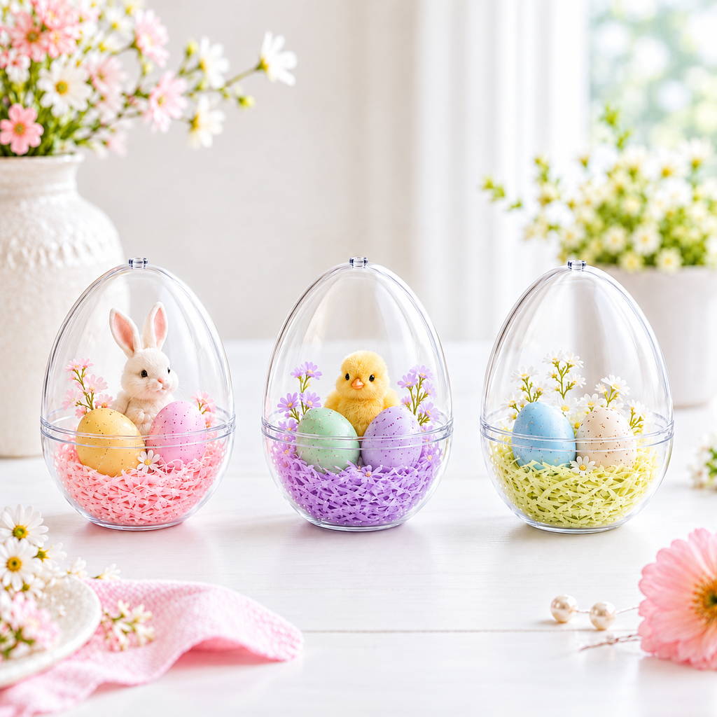 Set of 3 Clear Plastic Standing Egg Ornaments 3.58 Inches (91 mm)