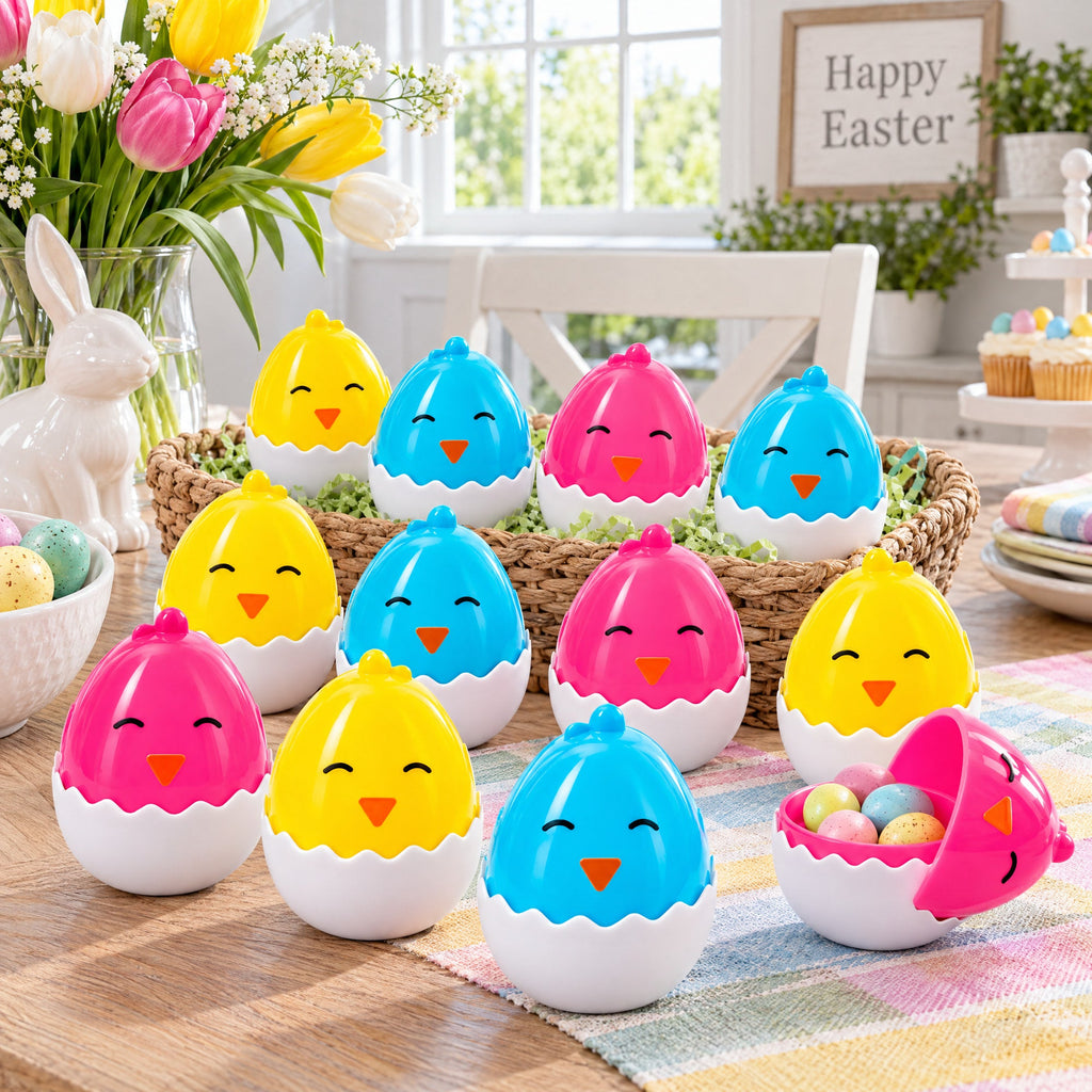 Set of 12 Hatching Chick Easter Eggs - Fillable Upright Plastic Hunt Supply