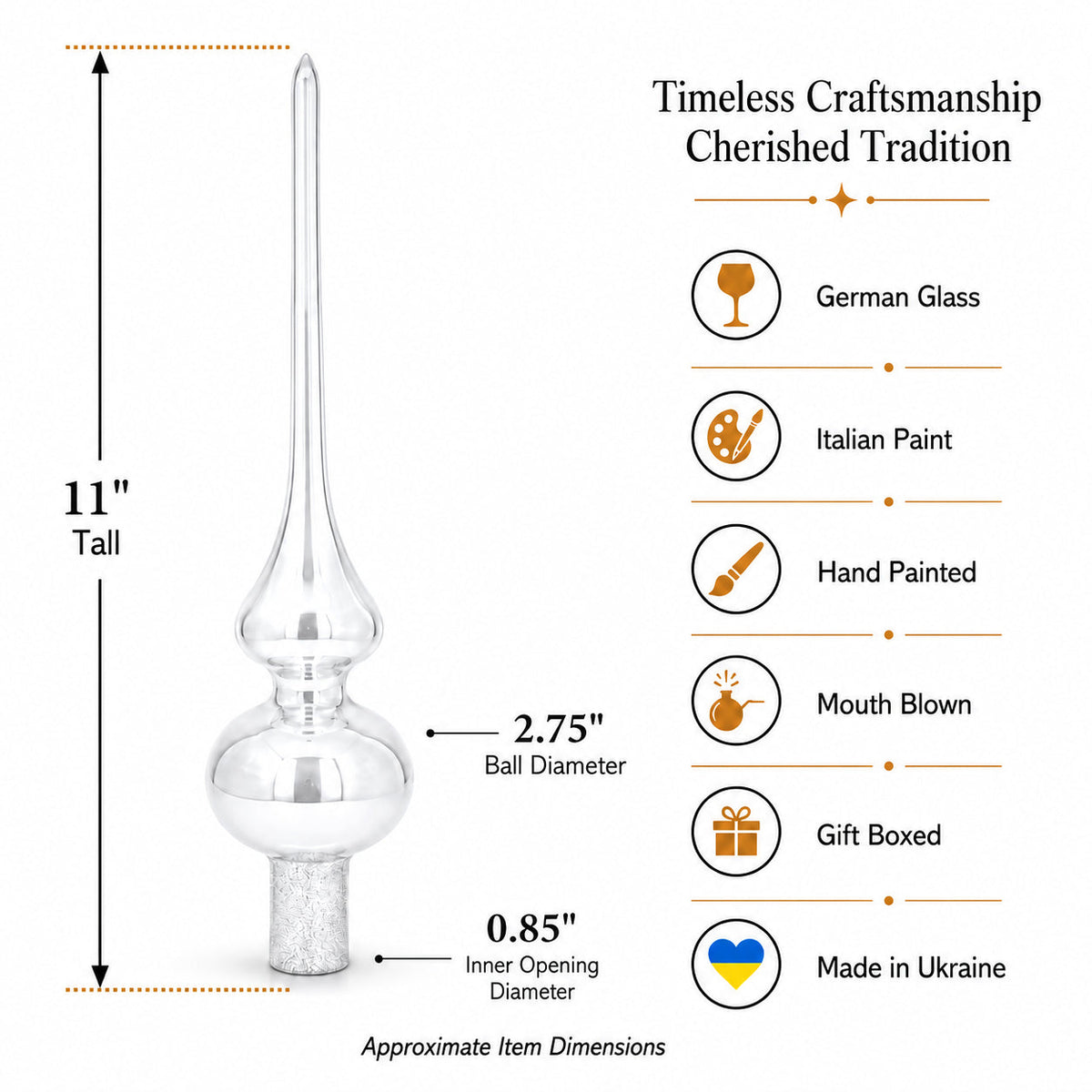 White and Golden Jewels on Sparkling Orange Glass Christmas Tree Topper 11 Inches