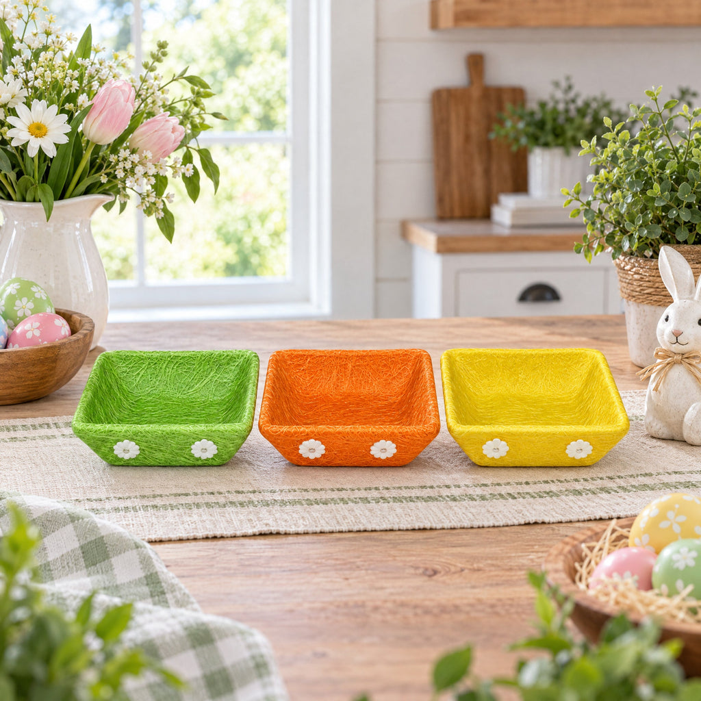 Set of 3 Green, Orange & Yellow Sisal Silk Trays 7 Inches