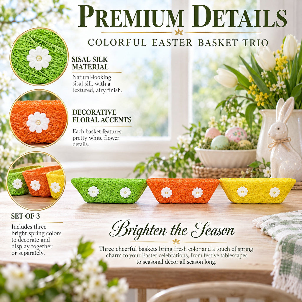 Set of 3 Green, Orange & Yellow Sisal Silk Trays 7 Inches