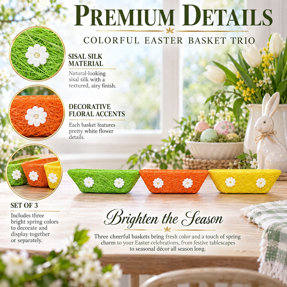Set of 3 Green, Orange & Yellow Sisal Silk Trays 7 Inches