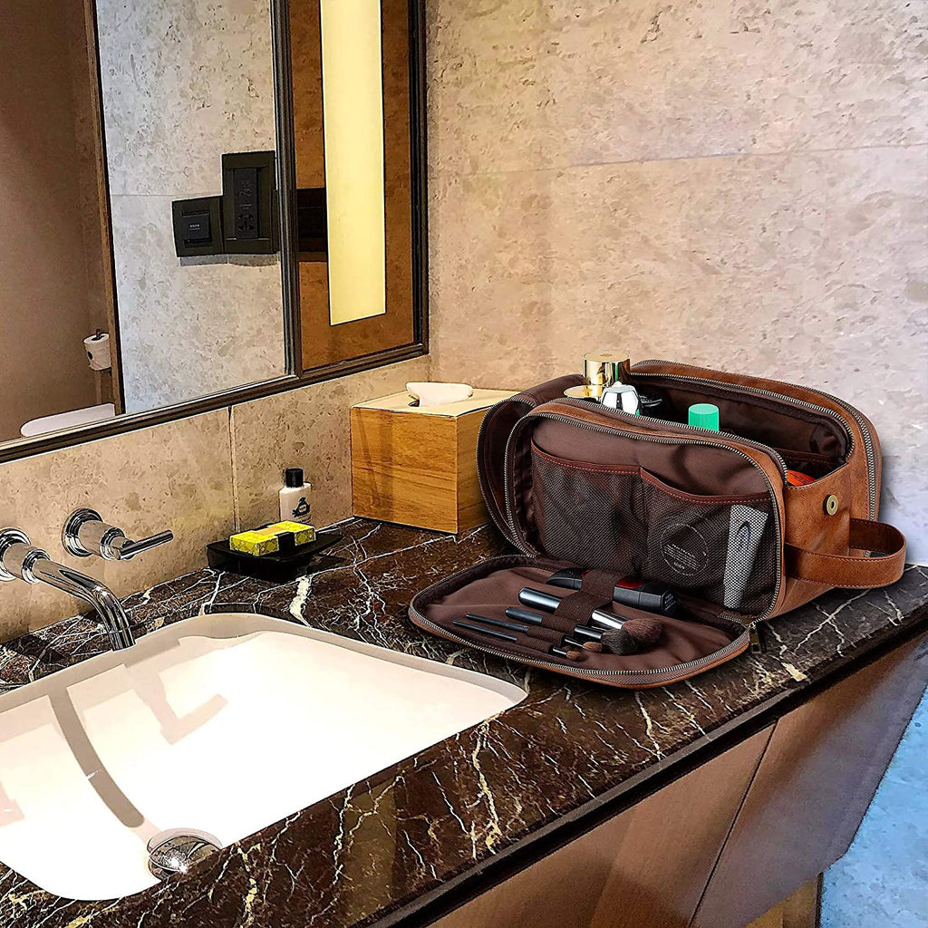 Groomsmen Gift, Waterproof PU Leather Toiletry Bag, Vegan Leather Dopp Kit, Water-Resistant Bathroom Toiletries Organizer, Christmas Gift