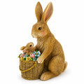 Mother & Baby Bunny Figurine Rustic Easter & Spring Decor with Floral Basket 7.4 Inches