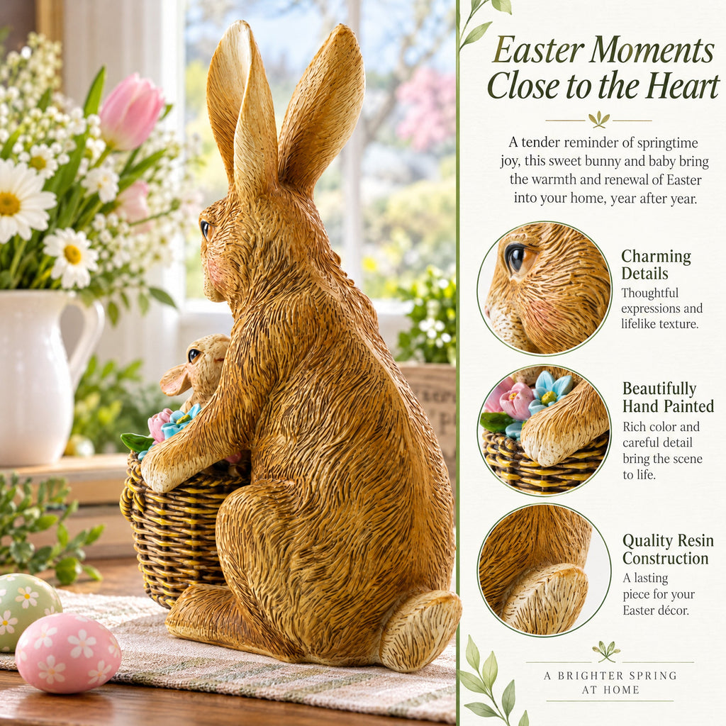 Mother & Baby Bunny Figurine Rustic Easter & Spring Decor with Floral Basket 7.4 Inches