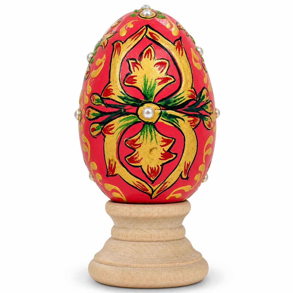 Jeweled Embossed Oriental Red Flower Wooden Easter Egg 3 Inches